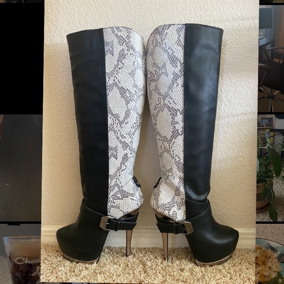 Paper Fox Shoes - Knee high black and print boots